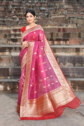 Pink - Red Pure Kora Organza Banarasi handloom Silk Saree